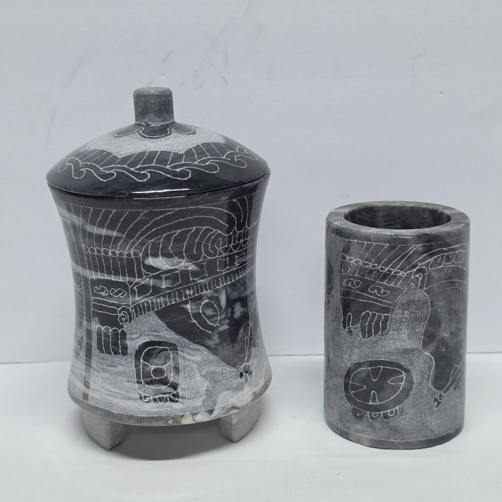Vintage Mexico Etched Marble Carved Cylindrical Jar Vanity Set Gray